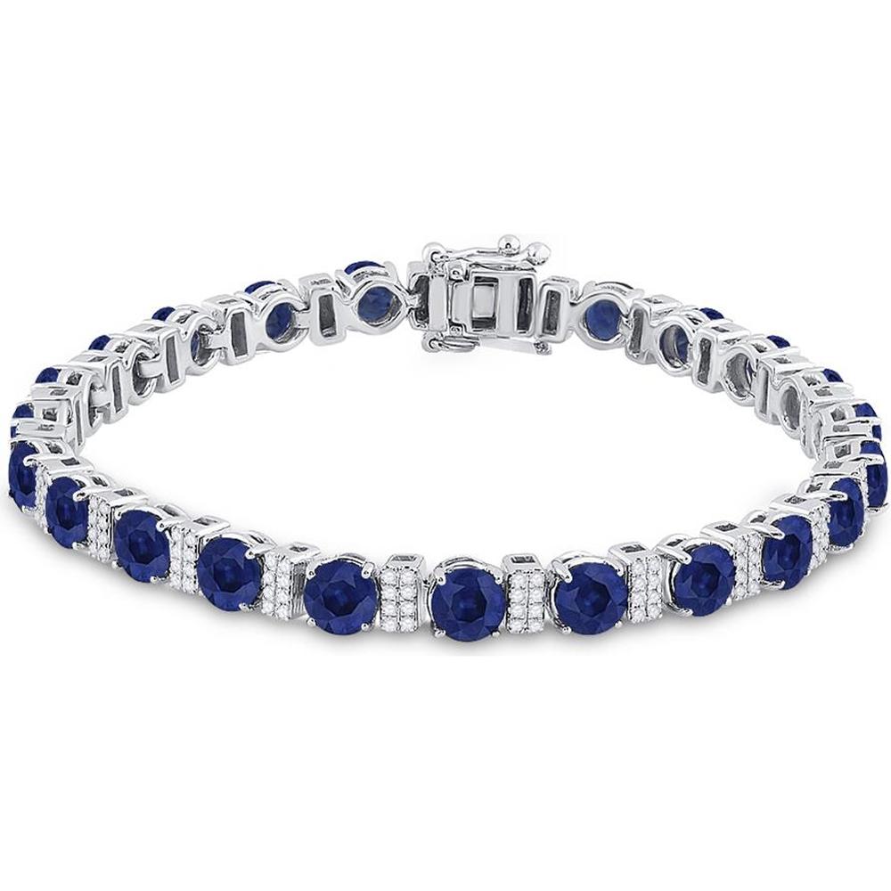 14K White Gold 15-1/4 Carat Round Blue Sapphire and Diamond Tennis Bracelet with Prong-Set Stones