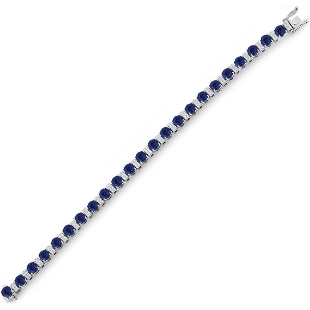 14K White Gold 15-1/4 Carat Round Blue Sapphire and Diamond Tennis Bracelet with Prong-Set Stones