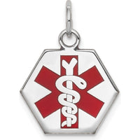 14K White Gold 15mm Hexagon Red Enameled Medical Alert Pendant - Polished Finish by Oro Pregiato