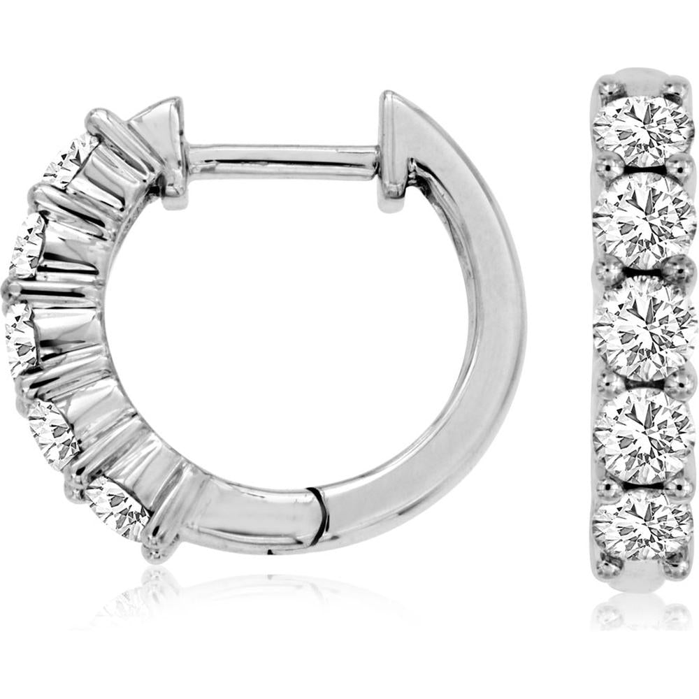 14K White Gold 15mm Hoop Earrings with Prong Set Round Diamonds - 1.00 Carat Total Diamond Weight - Royal Jewelry