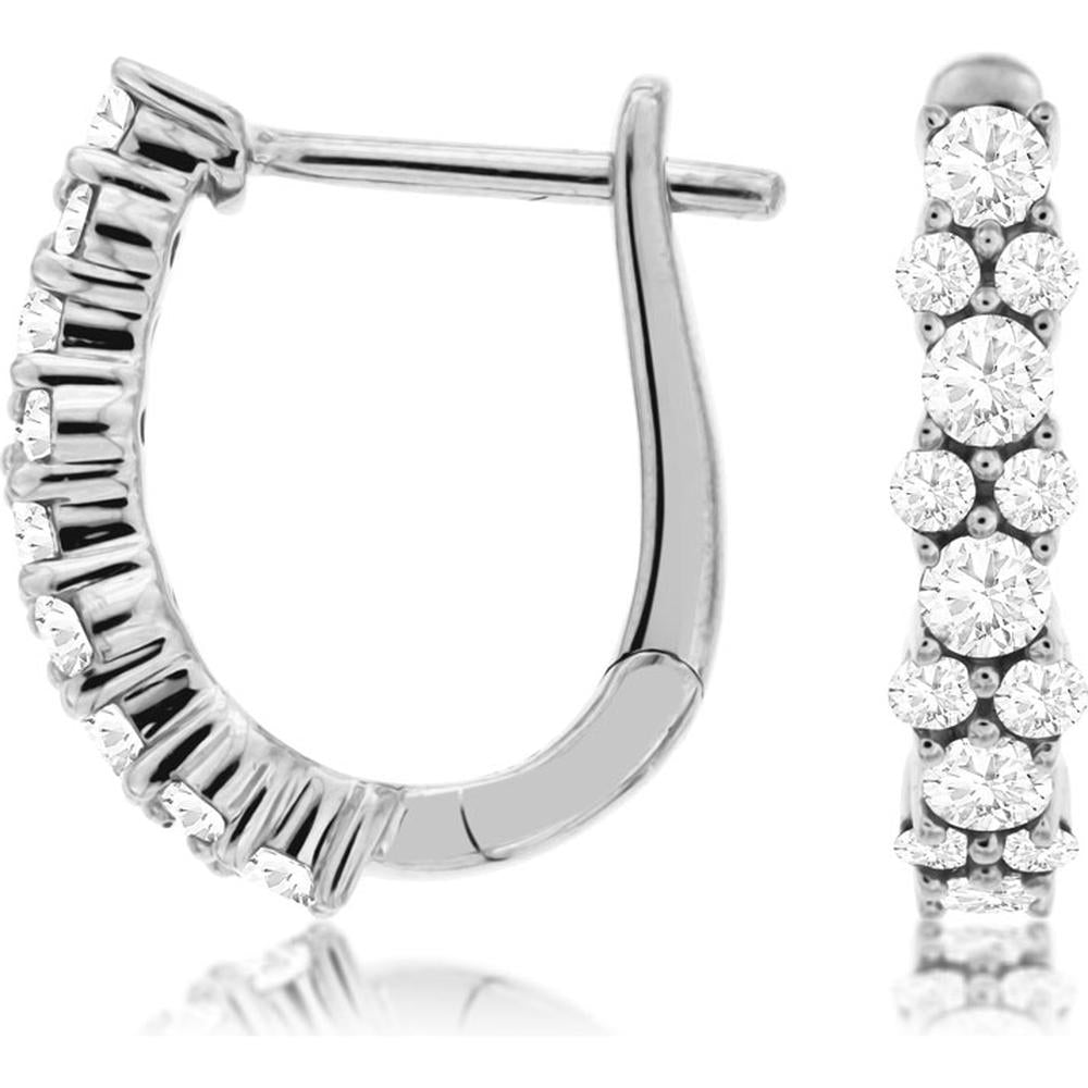 14K White Gold 15mm Huggie Hoop Earrings with Prong-Set Round Diamonds - 0.75 Carat Total Diamond Weight - Royal Jewelry