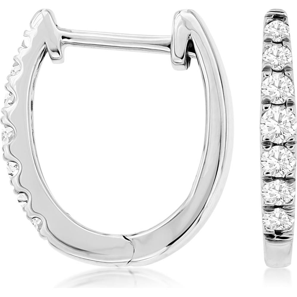 14K White Gold 15mm Huggie Hoop Earrings with Round Diamonds - 0.25 Carat Total Diamond Weight - Royal Jewelry