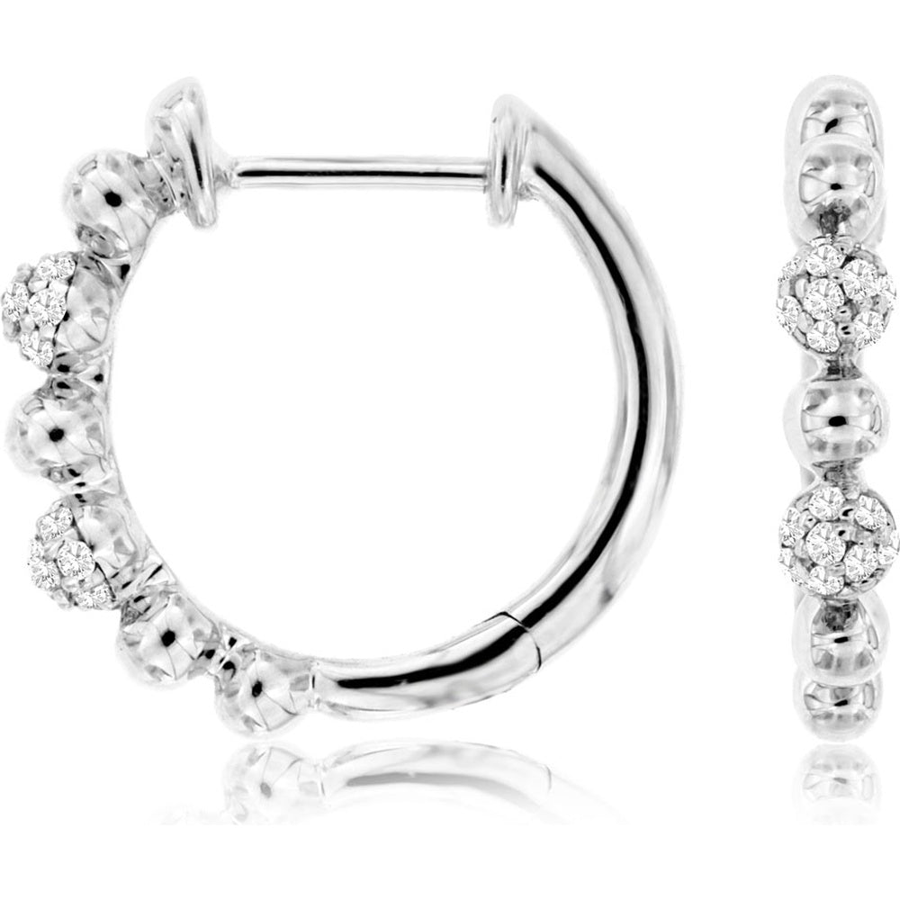 14K White Gold 15mm Medium Hoop Earrings with Alternating Polished Beads and Diamond Cluster Accents - 0.11 Carat Total Diamond Weight - Royal Jewelry