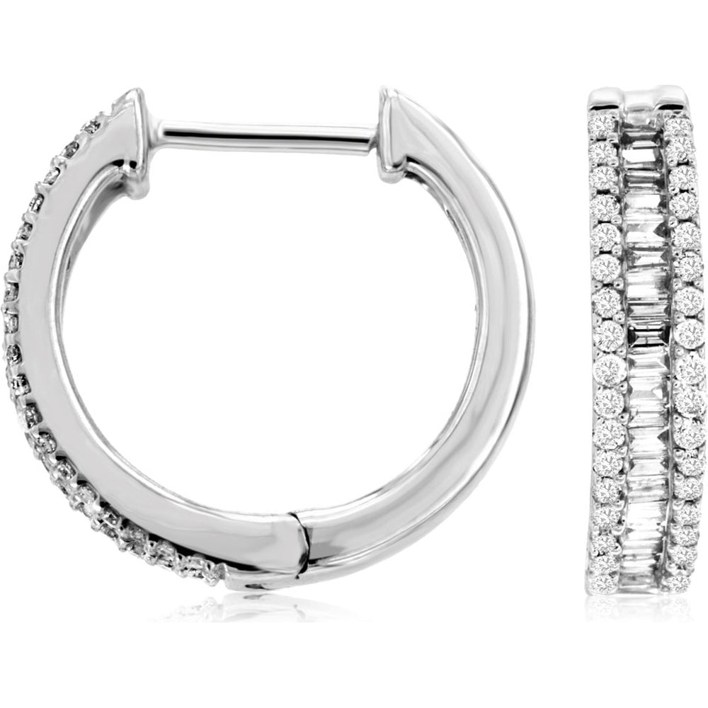14K White Gold 15mm Triple-Row Diamond Hoop Earrings with Baguette and Round Diamonds - 0.38 Carat Total Diamond Weight - Royal Jewelry