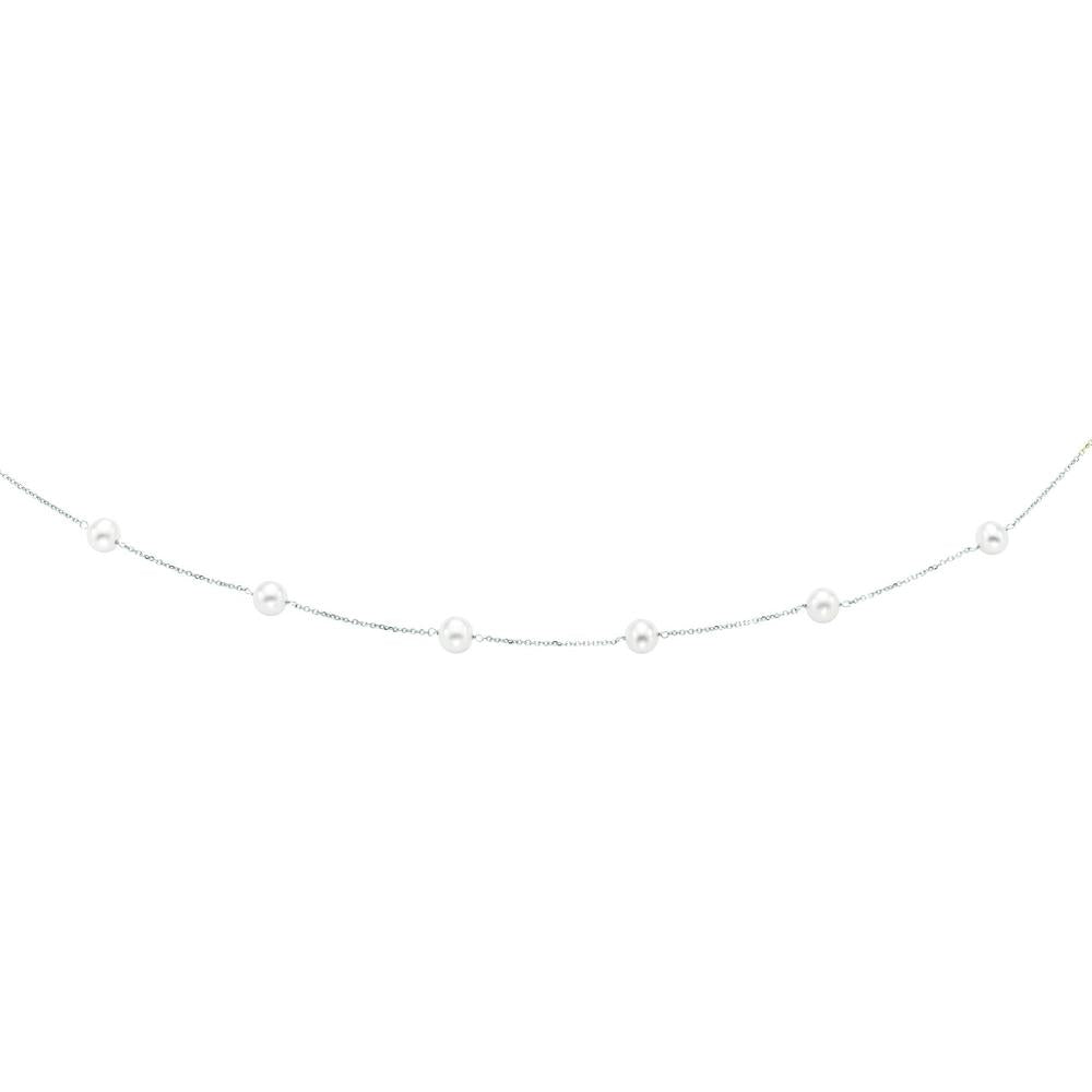 14K White Gold 16" Pearl Station Necklace with 6-6.5mm Freshwater Pearls by Orozza Fine Jewelry