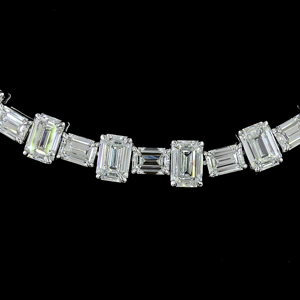 14K White Gold 16" Station Line Tennis Necklace with 94 Emerald Cut Lab Diamonds - 36.11 Carat Total Weight, E-F VS Clarity - Covaloro Fine Jewelry