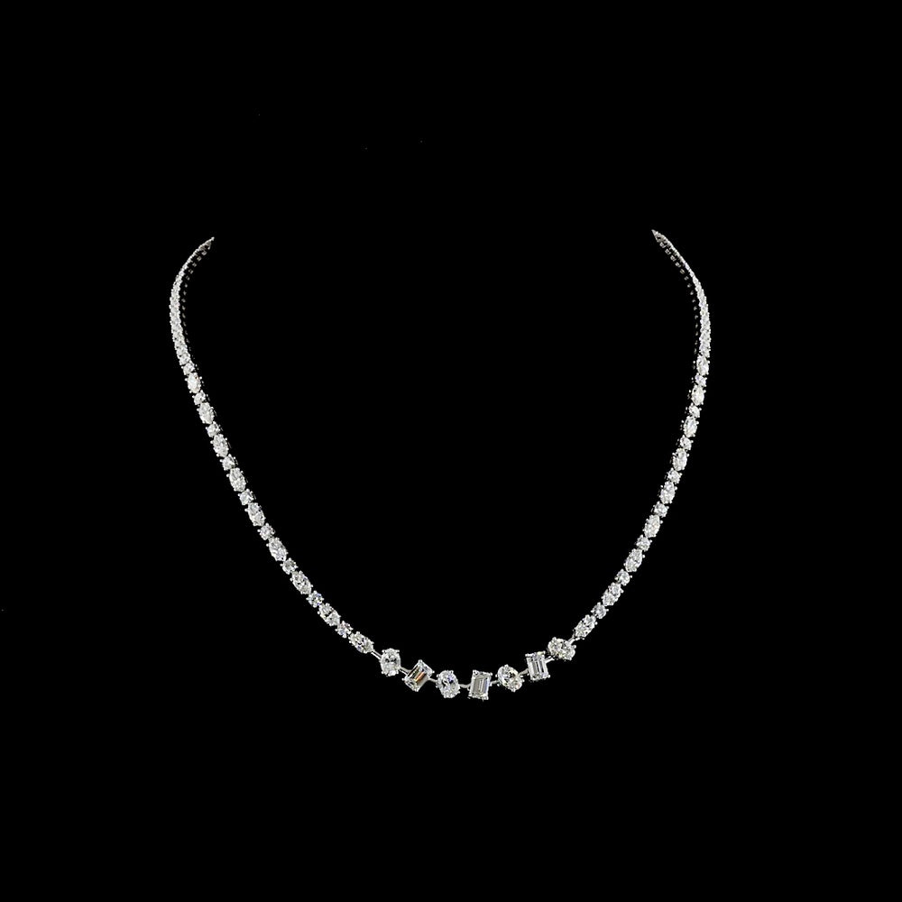 14K White Gold 16" Station Line Tennis Necklace with Mixed Shape Lab Diamonds (Emerald, Brilliant, Marquise) - 9.90 Carats Total Diamond Weight - Covaloro Fine Jewelry