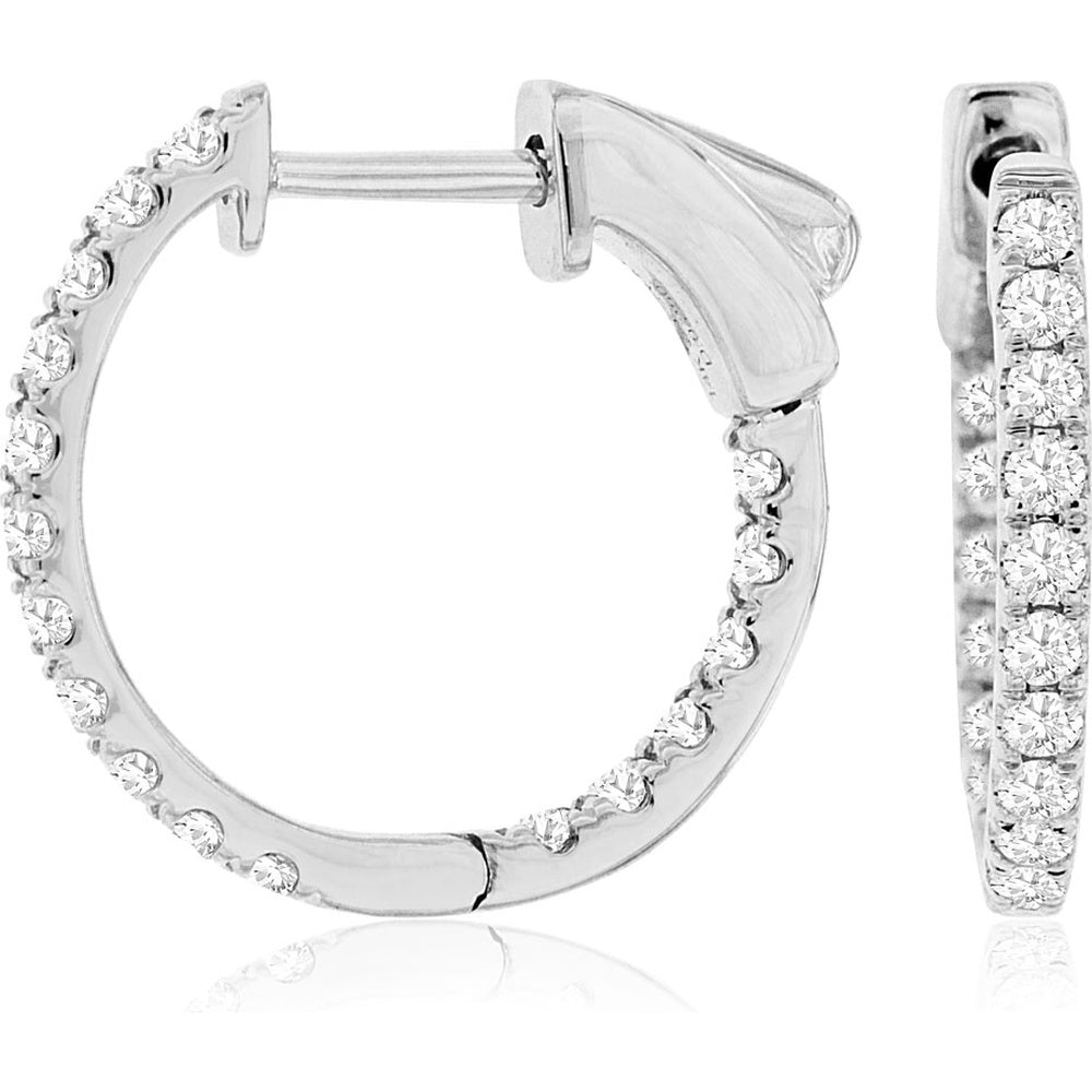 14K White Gold 16mm Diamond Hoop Earrings with Prong Set Round Brilliant Cut Diamonds - 0.50 Carat Total Diamond Weight - Royal Jewelry