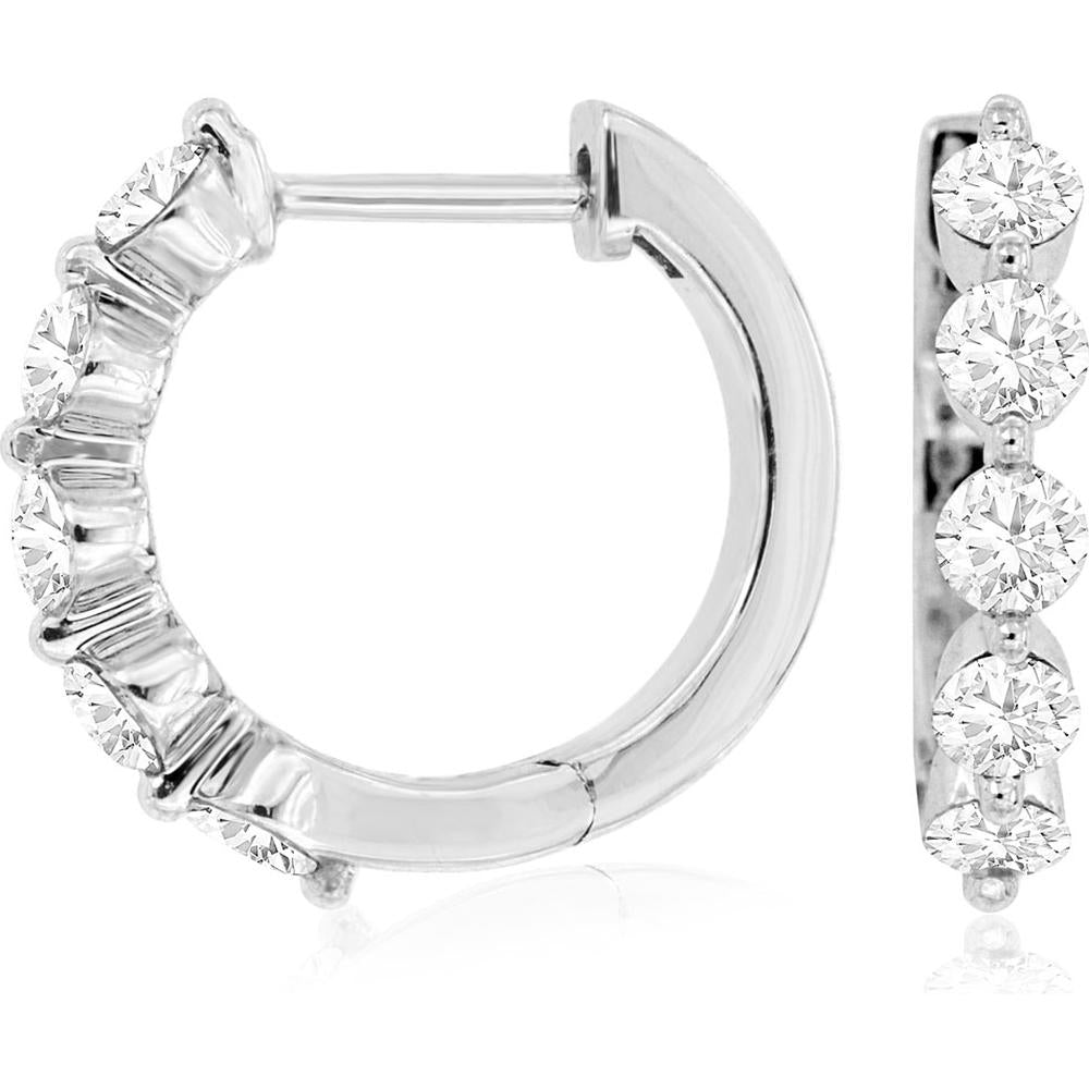 14K White Gold 16mm Diamond Hoop Earrings with Round Diamonds - 1.00 Carat Total Diamond Weight - Royal Jewelry