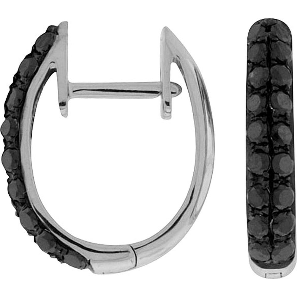 14K White Gold 16mm Pave Hoop Earrings with Round Black Diamonds - 0.80 Carat Total Diamond Weight - Royal Jewelry
