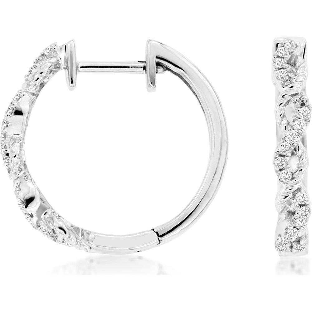 14K White Gold 16mm Twisted Hoop Earrings with Round Diamonds - 0.15 Carat Total Diamond Weight - Royal Jewelry