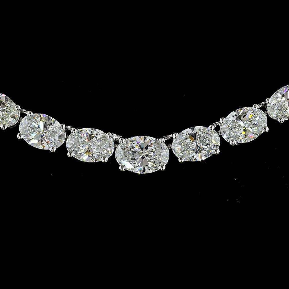 14K White Gold 17.5" Riviera Necklace with Oval Cut Lab Diamonds - 12.8 Carat Total Weight, E-F Color VS1 Clarity, Prong Set - Covaloro Fine Jewelry