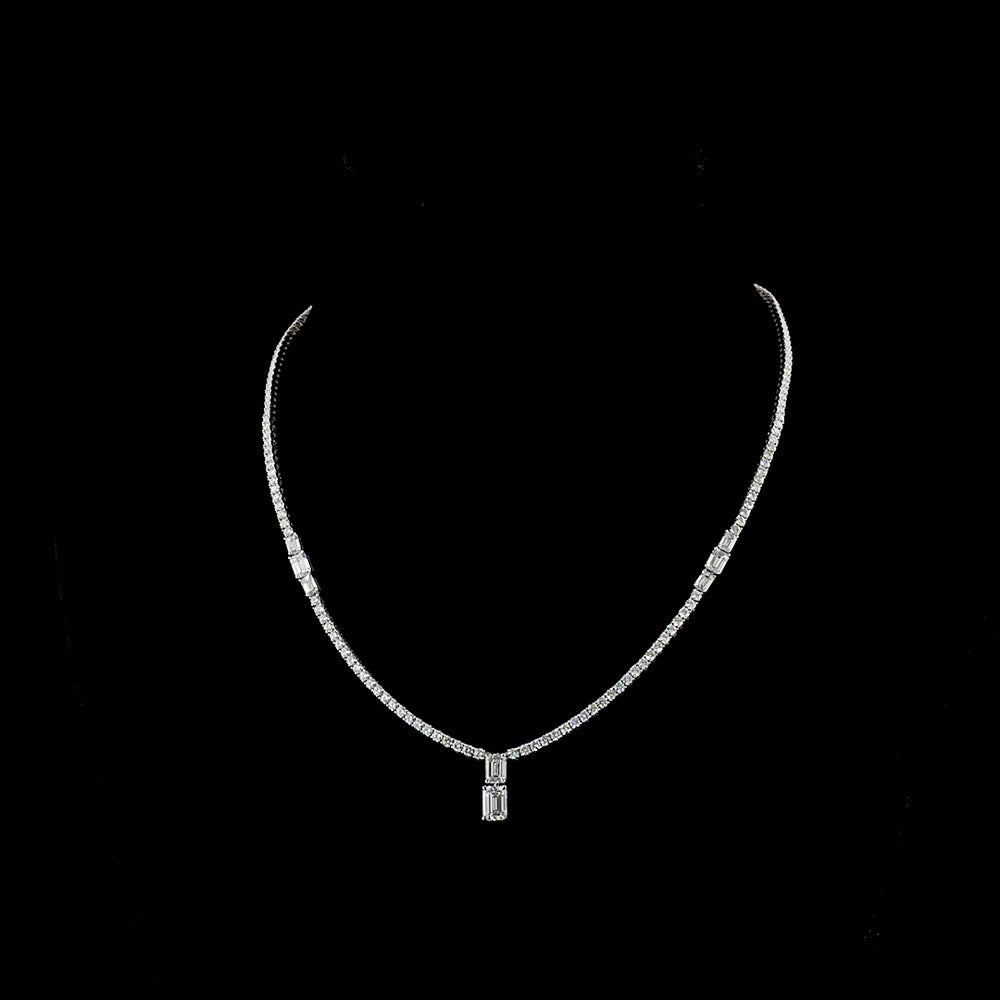 14K White Gold 17.5" Special Necklace with North-South Prong Set Emerald Cut Lab Diamond Center and Brilliant Accent Stones - 7.30 Carats Total Diamond Weight - Covaloro Fine Jewelry