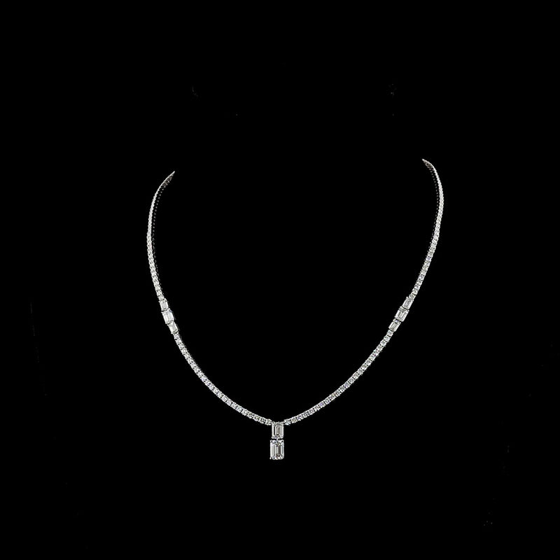 14K White Gold 17.5" Special Necklace with North-South Prong Set Emerald Cut Lab Diamond Center and Brilliant Accent Stones - 7.30 Carats Total Diamond Weight - Covaloro Fine Jewelry