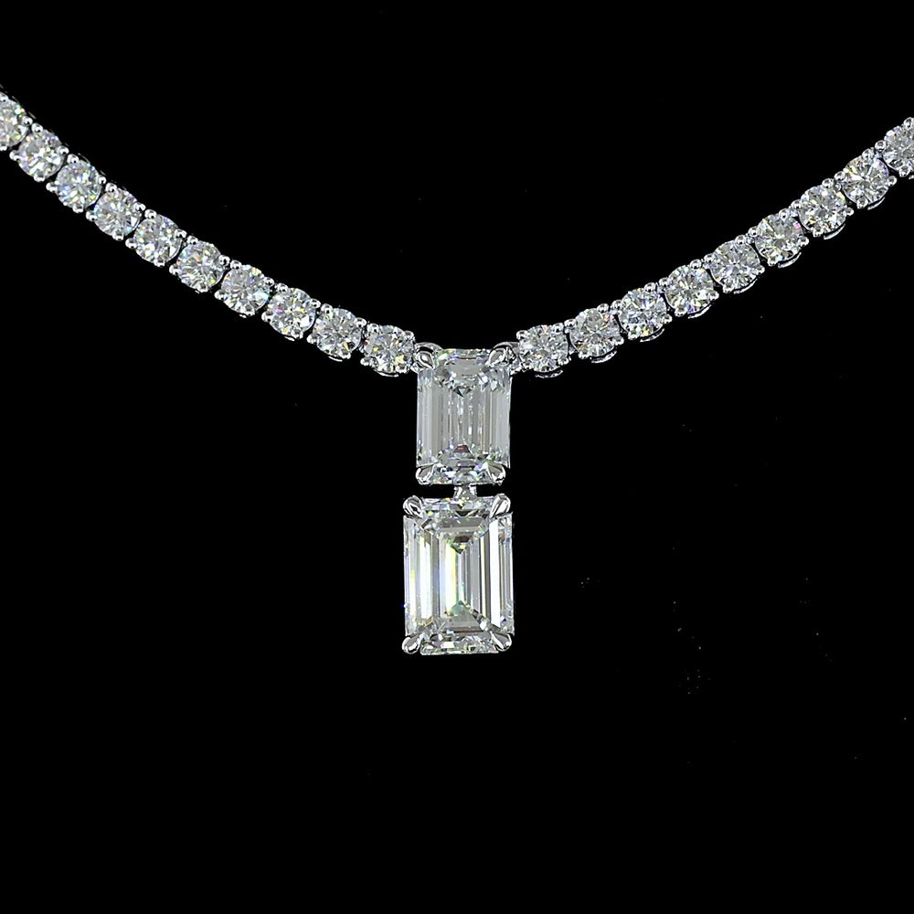 14K White Gold 17.5" Special Necklace with North-South Prong Set Emerald Cut Lab Diamond Center and Brilliant Accent Stones - 7.30 Carats Total Diamond Weight - Covaloro Fine Jewelry