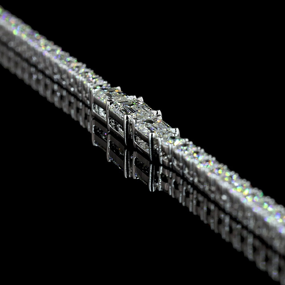 14K White Gold 17.5" Special Necklace with North-South Prong Set Emerald Cut Lab Diamond Center and Brilliant Accent Stones - 7.30 Carats Total Diamond Weight - Covaloro Fine Jewelry