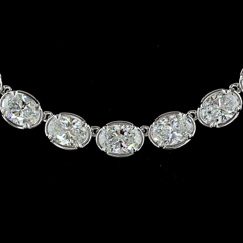 14K White Gold 17.5" Tennis Necklace with East-West Bezel-Prong Set Oval Lab Diamonds - 35.36 Carat Total Weight, E-F Color VS1 Clarity - Covaloro Fine Jewelry
