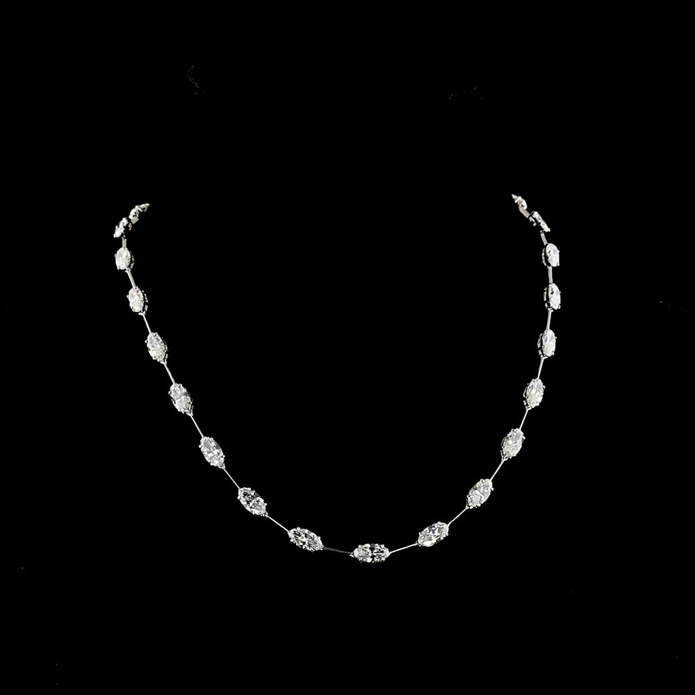 14K White Gold 17.75-Carat East-West Station Necklace with 25 Prong-Set Moval Cut Lab Diamonds - E-F Color and VS1 Clarity - Covaloro Fine Jewelry