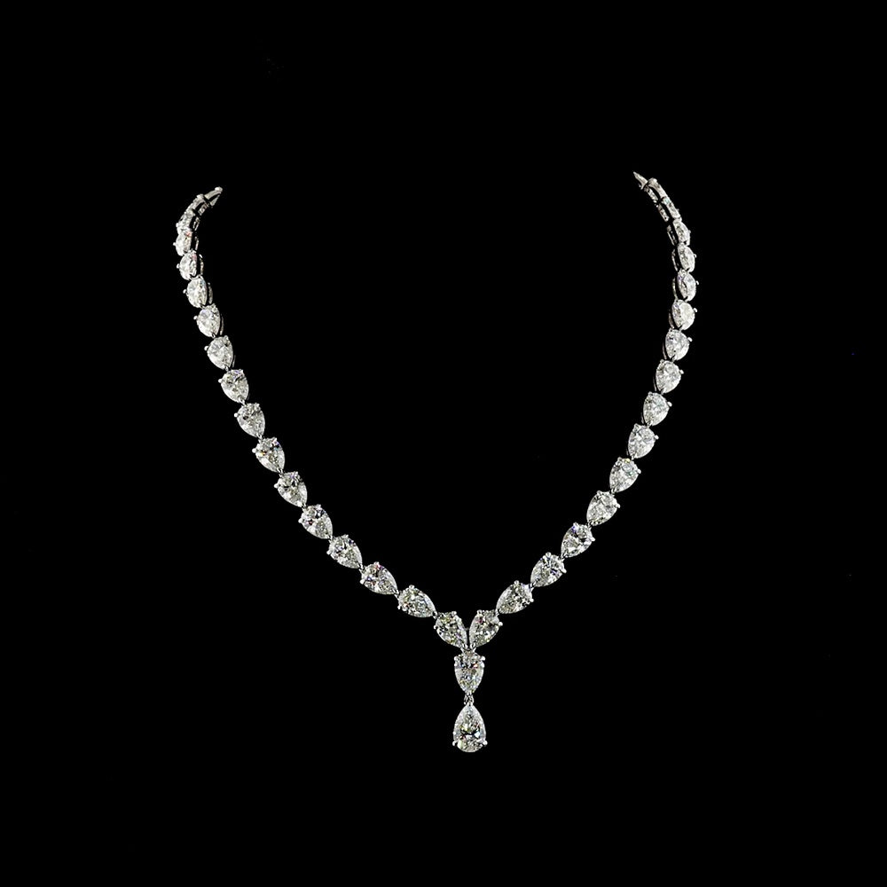 14K White Gold 17" Pear Shape Tennis Necklace with 47 Lab Diamonds E-F VVS2 - 48.98 Carat Total Diamond Weight - Covaloro Fine Jewelry