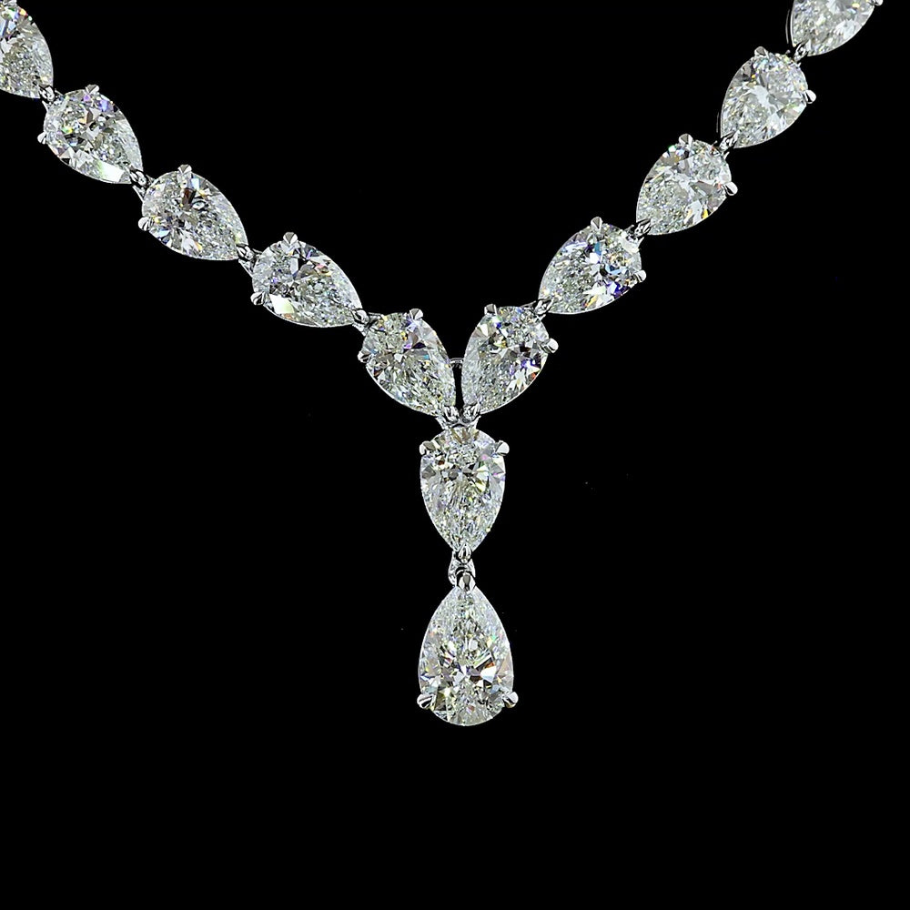 14K White Gold 17" Pear Shape Tennis Necklace with 47 Lab Diamonds E-F VVS2 - 48.98 Carat Total Diamond Weight - Covaloro Fine Jewelry