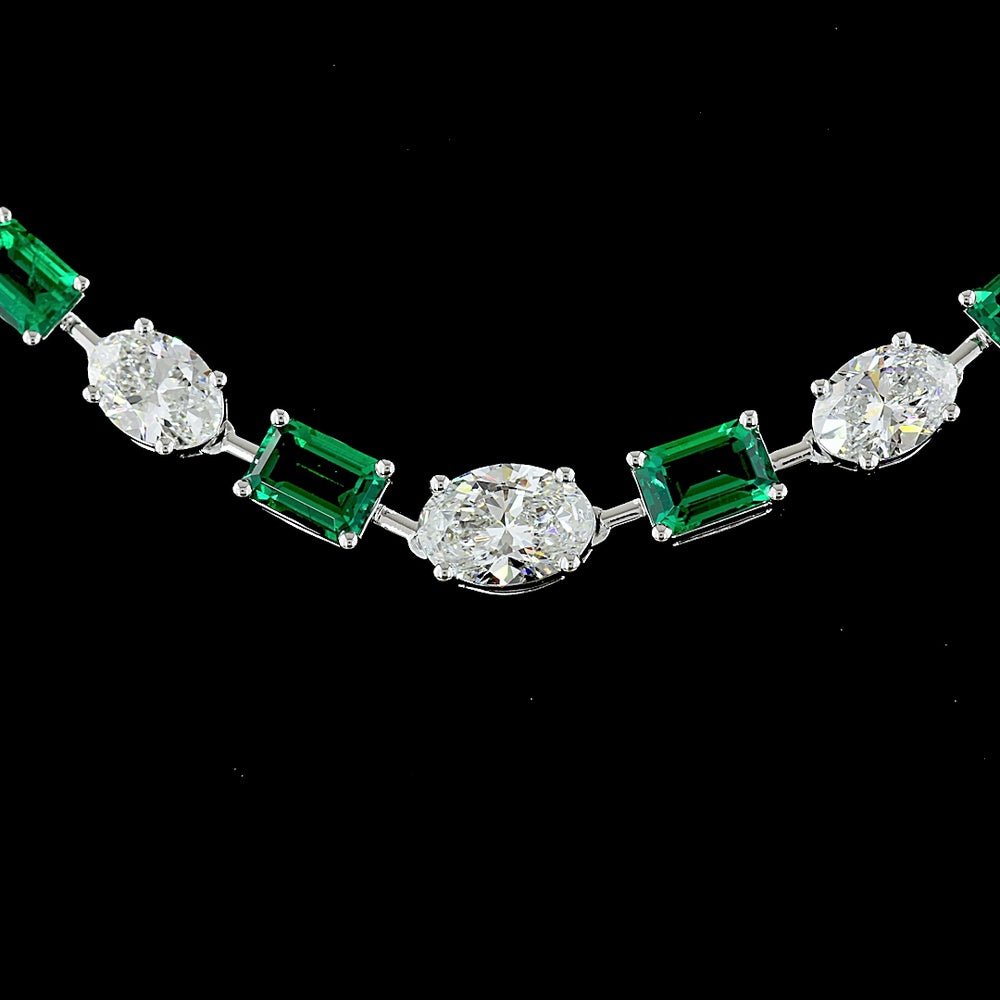 14K White Gold 17" Riviera Necklace with East-West Oval Lab Diamonds and Emerald-Cut Lab Emeralds - 14.89 Carats Total Gem Weight - Covaloro Fine Jewelry