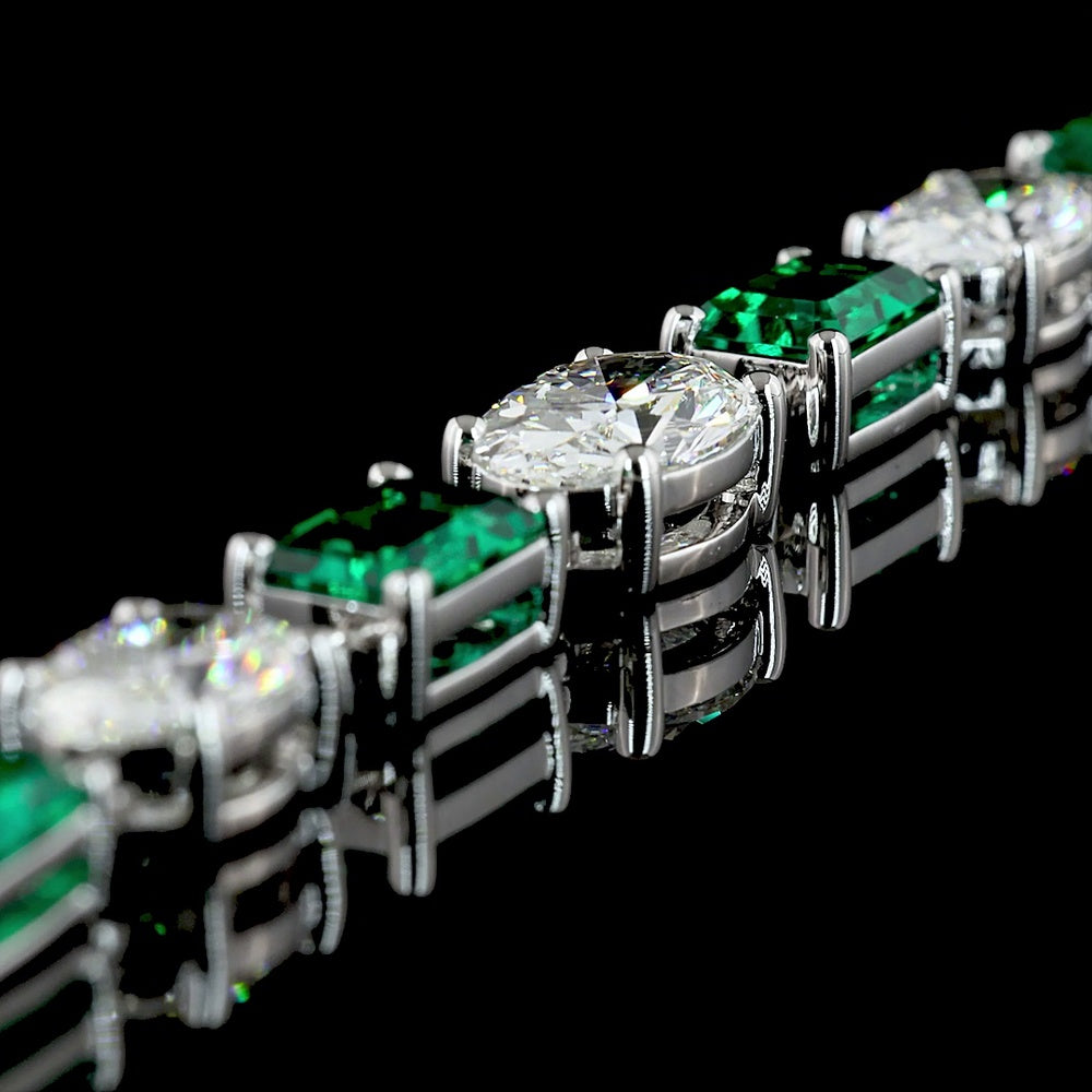 14K White Gold 17" Riviera Necklace with East-West Oval Lab Diamonds and Emerald-Cut Lab Emeralds - 14.89 Carats Total Gem Weight - Covaloro Fine Jewelry