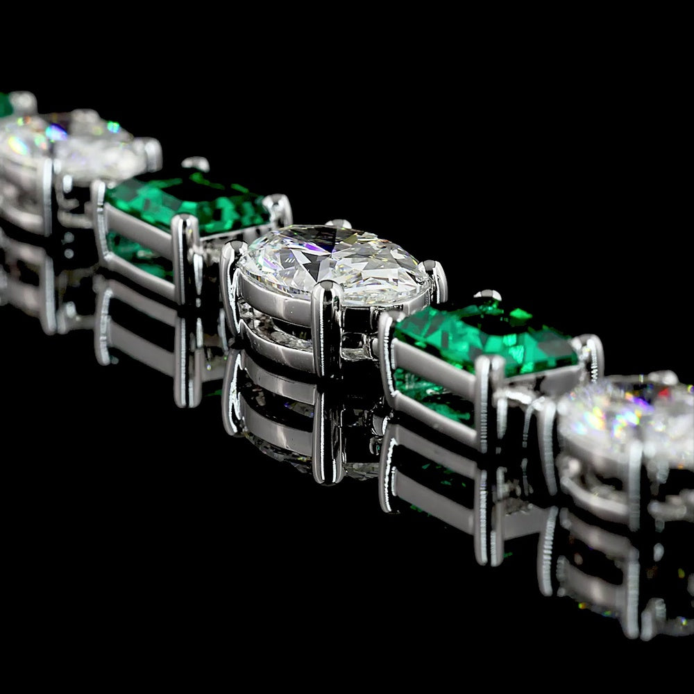 14K White Gold 17" Riviera Necklace with East-West Oval Lab Diamonds and Emerald-Cut Lab Emeralds - 14.89 Carats Total Gem Weight - Covaloro Fine Jewelry