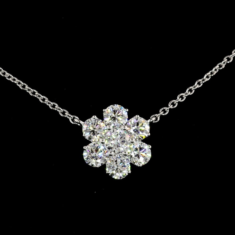 14K White Gold 17" Station Necklace with Five Floral Diamond Motifs and Brilliant Cut Round Lab Diamonds - 4.88 Carats Total Diamond Weight - Covaloro Fine Jewelry