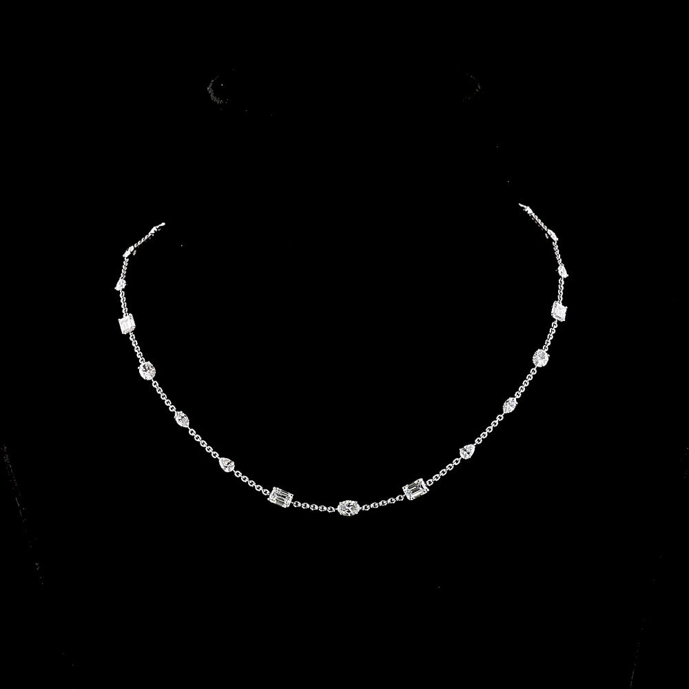 14K White Gold 17" Station Necklace with Mixed Shape Lab Diamonds (Emerald, Oval, Marquise) in East-West Prong Setting - 5.94 Carat Total Weight - Covaloro Fine Jewelry