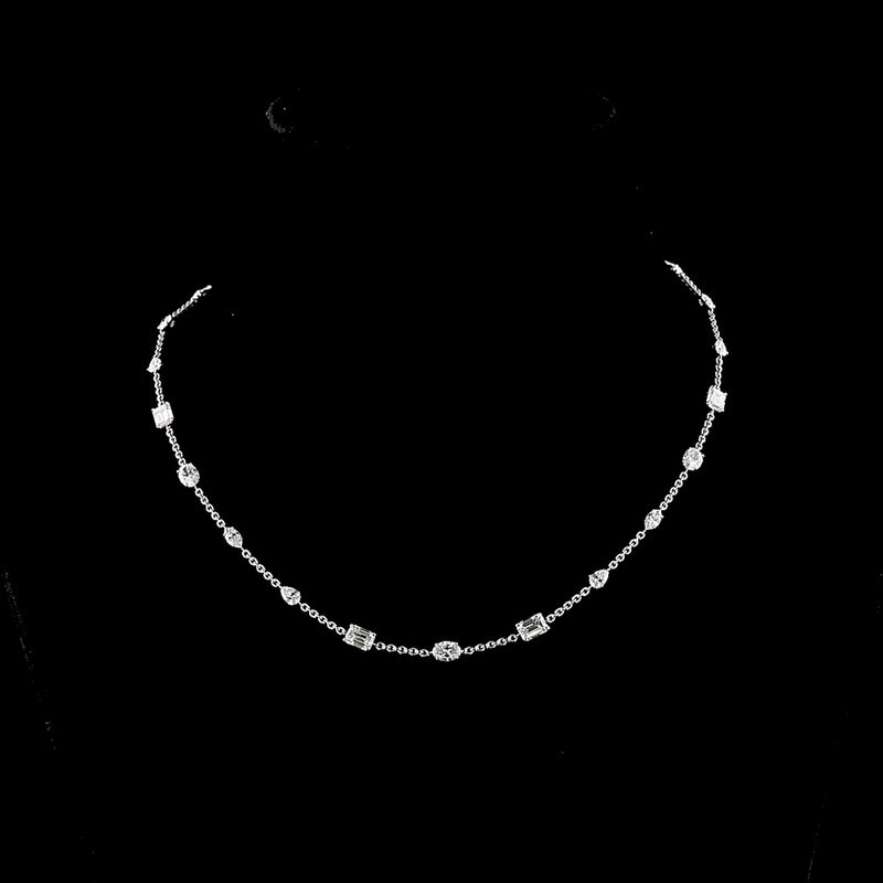 14K White Gold 17" Station Necklace with Mixed Shape Lab Diamonds (Emerald, Oval, Marquise) in East-West Prong Setting - 5.94 Carat Total Weight - Covaloro Fine Jewelry