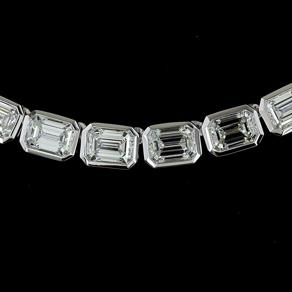 14K White Gold 17" Tennis Necklace with Bezel Set East-West Emerald Cut Lab Diamonds - 20.26 Carat Total Diamond Weight - Covaloro Fine Jewelry