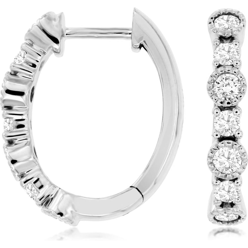 14K White Gold 17mm Diamond Huggie Hoop Earrings with Prong-Set Round Brilliant Diamonds and Milgrain Detail - 0.57 Carat Total Diamond Weight - Royal Jewelry
