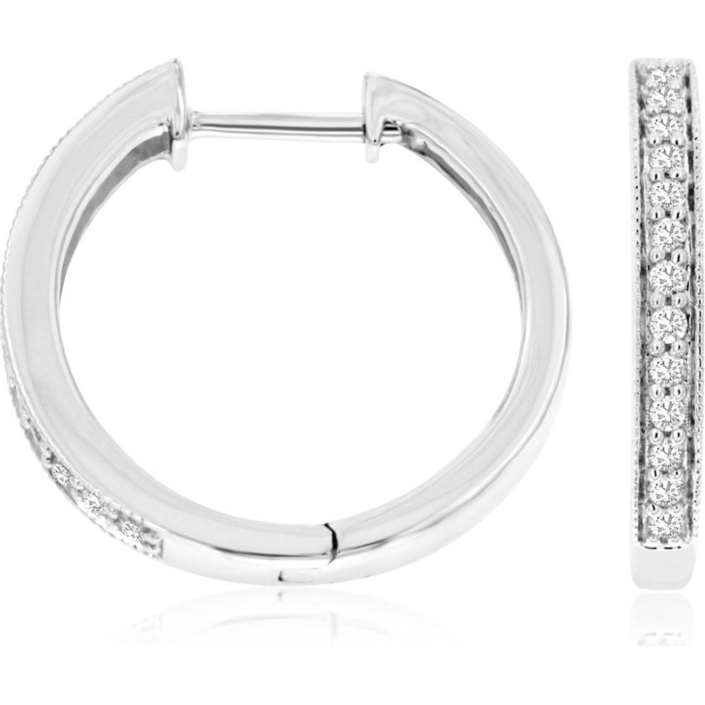 14K White Gold 17mm Small Hoop Earrings with Milgrain-Edge Prong-Set Round Diamonds - 0.19 Carat Total Diamond Weight - Royal Jewelry