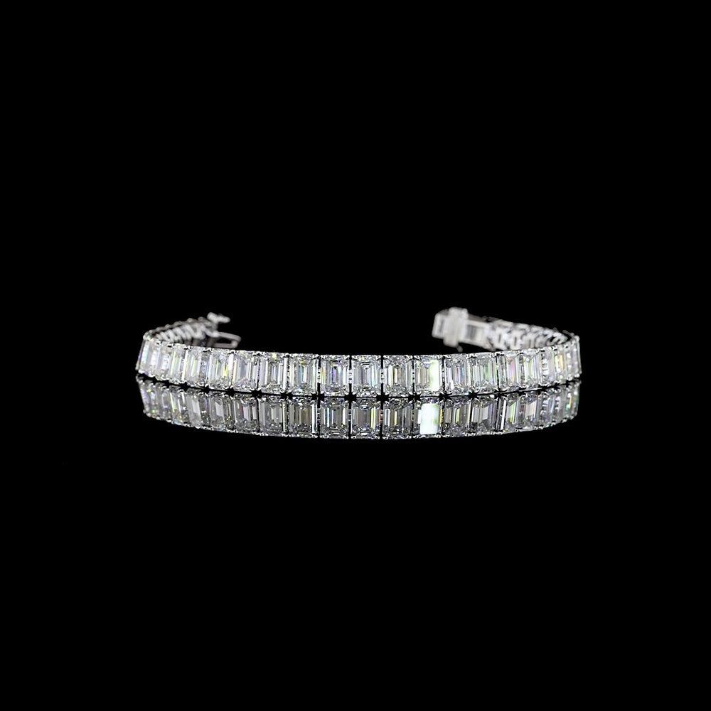 14K White Gold 18.02 Carat Tennis Bracelet with Emerald Cut Lab Diamonds and Four-Prong Setting - 39 Stones, E-F VS Clarity - Covaloro Fine Jewelry