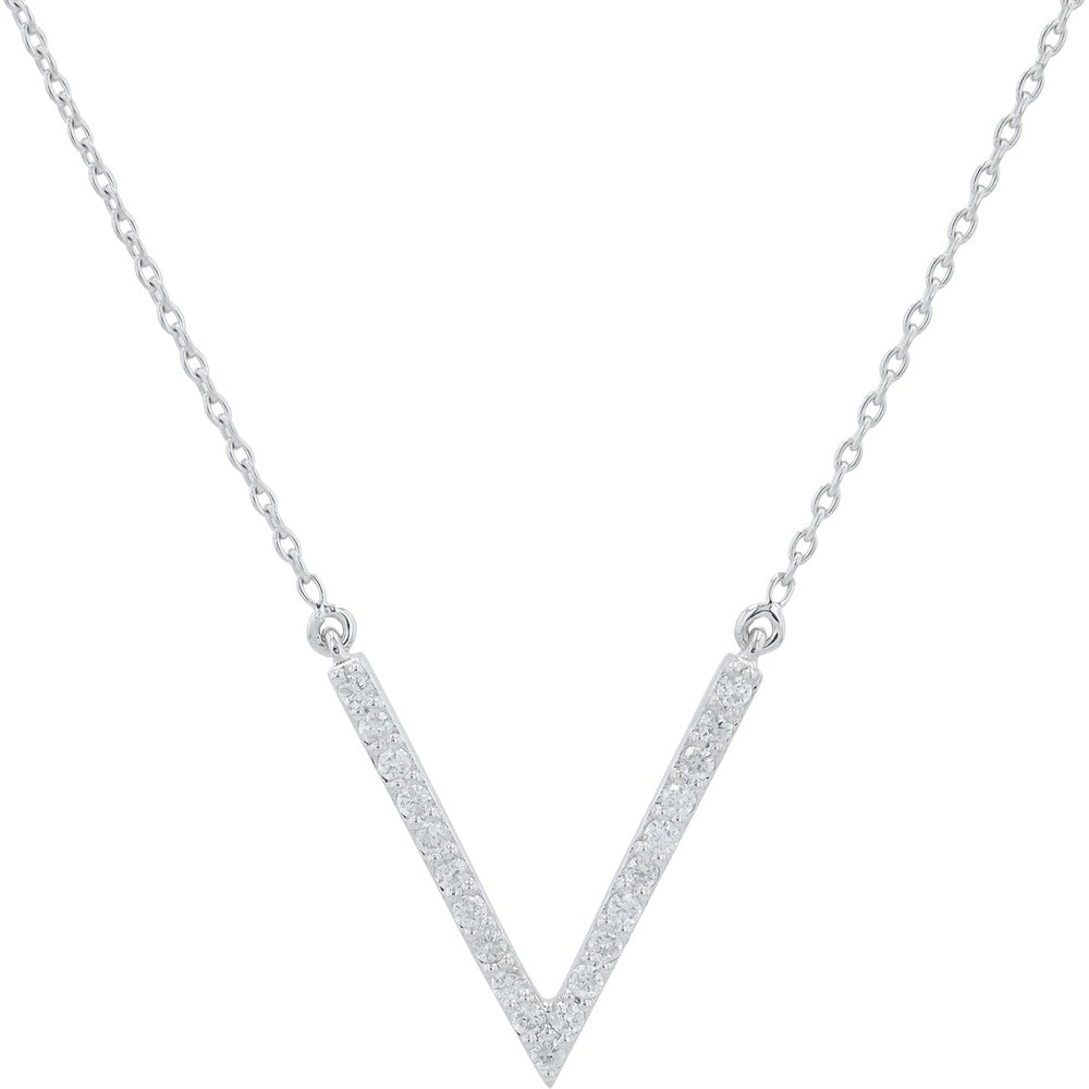 14K White Gold 18.25 Inch Adjustable V-Shaped Pendant Necklace with Pavé-Set Round Diamonds - 0.15 Carat Total Diamond Weight
