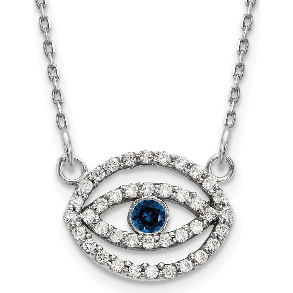 14K White Gold 18" Diamond and Sapphire Evil Eye Pendant Necklace - 0.11 Carat Total Gem Weight by Oro Pregiato