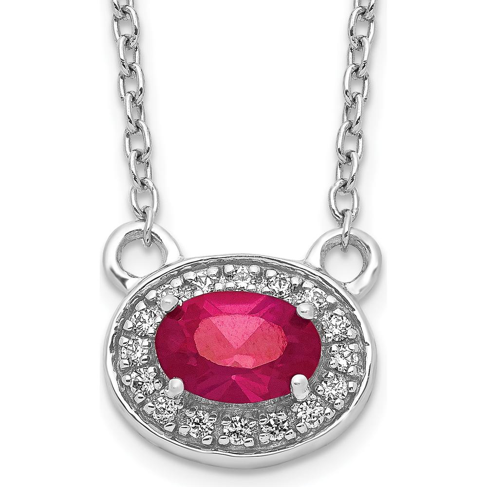 14K White Gold 18" East-West Oval Ruby and Diamond Pendant Necklace with Rhodium Plating - 0.64 Carat Total Gem Weight by Monteluci Fine Jewelry