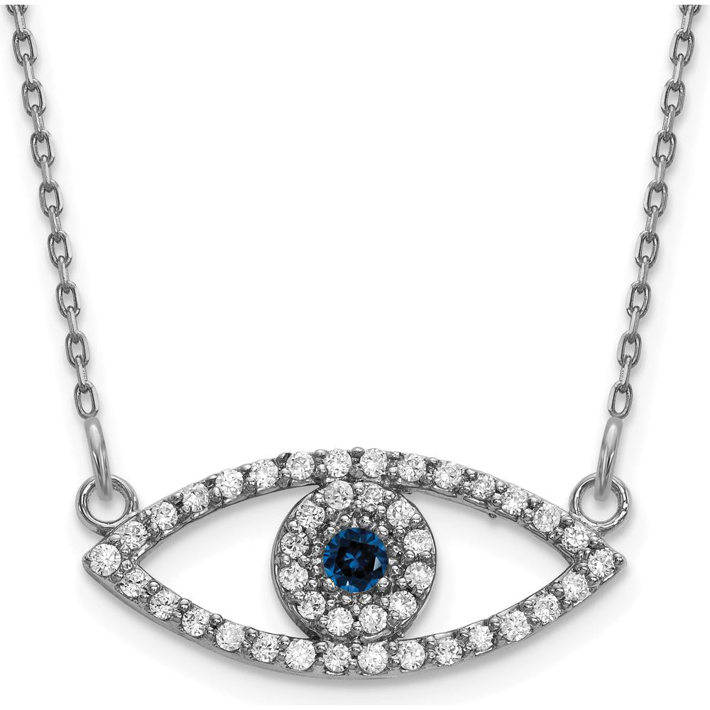14K White Gold 18" Evil Eye Pendant Necklace with 42 Diamonds and 1 Sapphire - 0.07 Carat Sapphire, 0.004 Carat Diamond Weight by Oro Pregiato