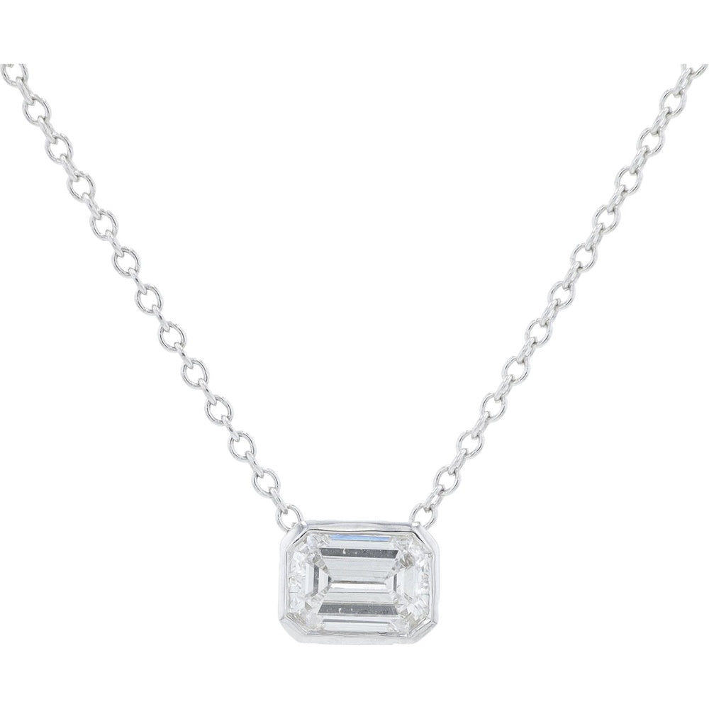 14K White Gold 18-Inch Horizontal Bezel-Set Emerald-Cut Lab Grown Diamond Pendant Necklace - 0.75 Carat Total Diamond Weight