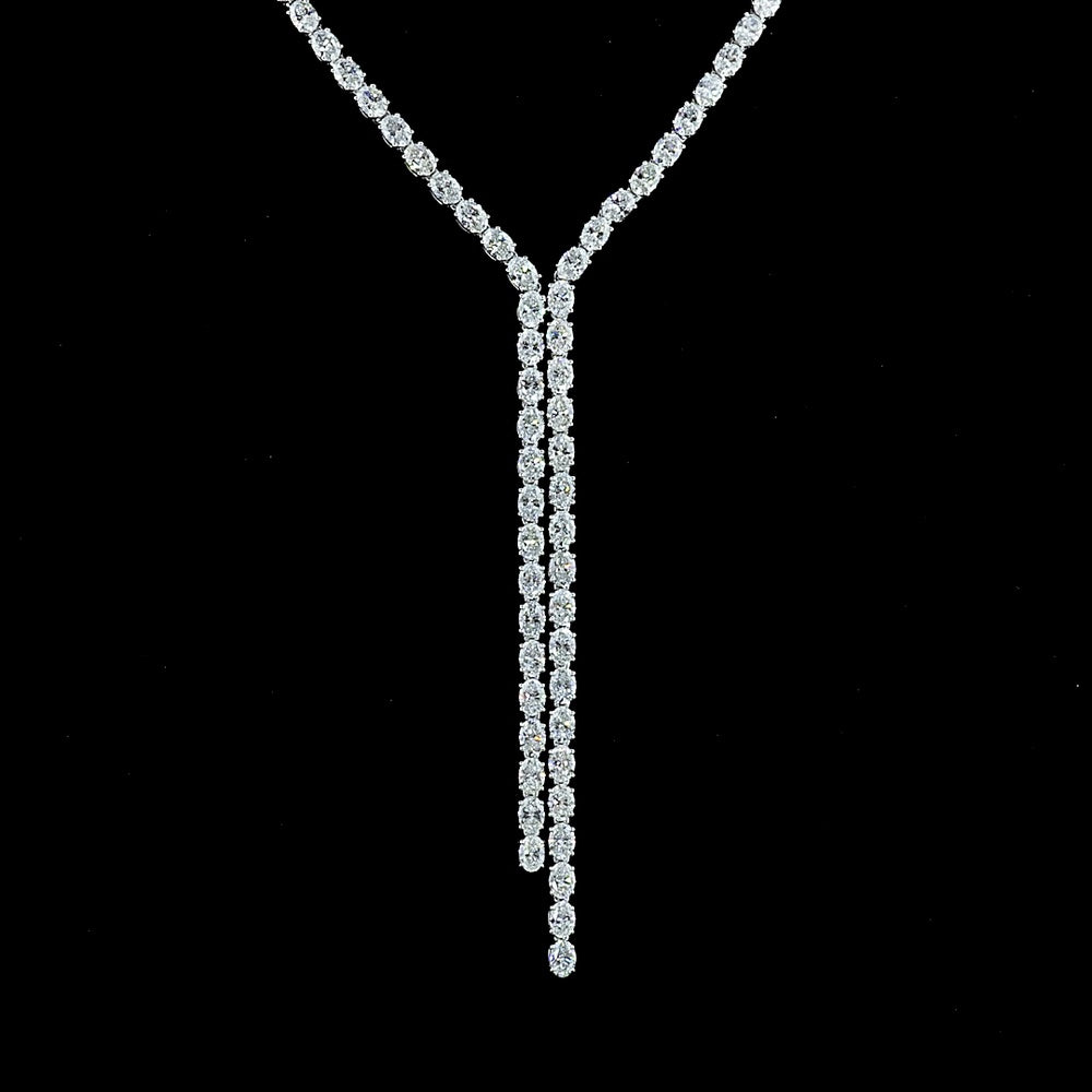 14K White Gold 18-Inch Lariat Necklace with 136 Prong-Set Oval Cut Lab Diamonds - 14.37 Carat Total Weight, E-F Color VS Clarity - Covaloro Fine Jewelry