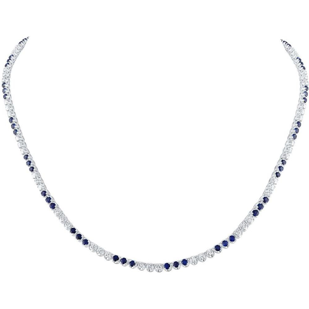 14K White Gold 18-Inch Round Blue Sapphire and Diamond Tennis Necklace - 8-3/8 Carat Total Gem Weight