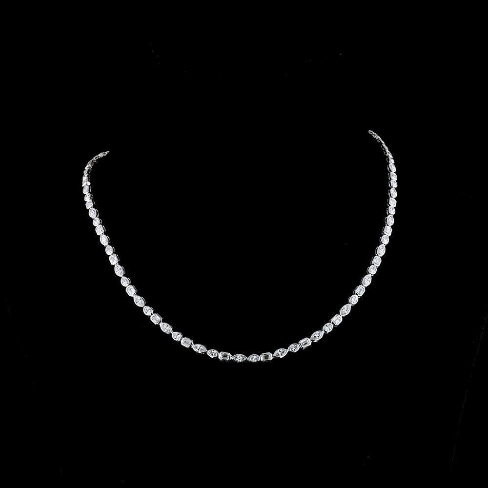 14K White Gold 18" Mixed Shape Tennis Necklace with Bezel Set Emerald, Marquise, and Oval Lab Diamonds - 8.96 Carats Total Diamond Weight - Covaloro Fine Jewelry