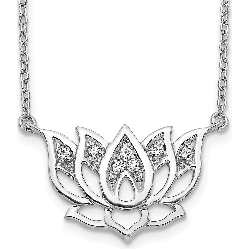 14K White Gold 18" Necklace with 1/15 Carat Round Diamonds in Lotus Flower Pendant by Monteluci Fine Jewelry