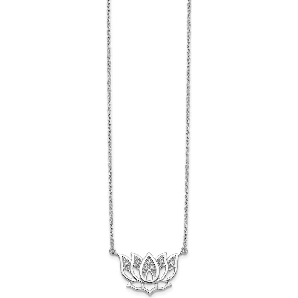 14K White Gold 18" Necklace with 1/15 Carat Round Diamonds in Lotus Flower Pendant by Monteluci Fine Jewelry