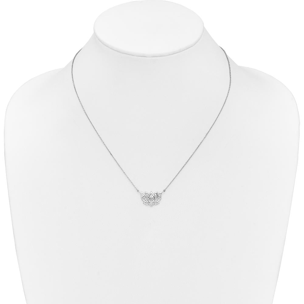 14K White Gold 18" Necklace with 1/15 Carat Round Diamonds in Lotus Flower Pendant by Monteluci Fine Jewelry