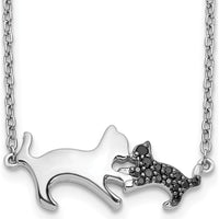 14K White Gold 18" Necklace with Black Diamonds in Mother and Baby Cat Pendant - 0.02 Carat Total Diamond Weight by Monteluci Fine Jewelry