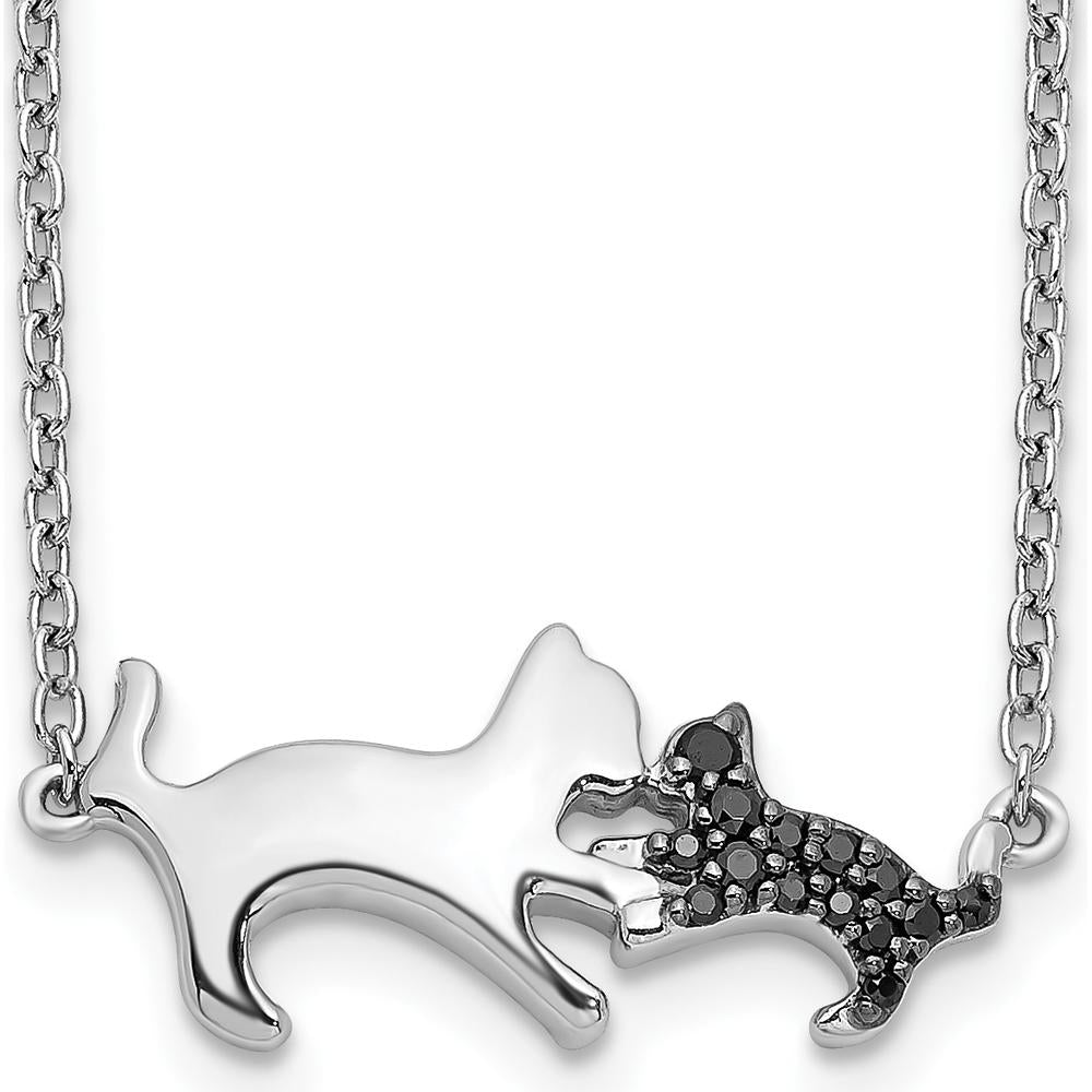 14K White Gold 18" Necklace with Black Diamonds in Mother and Baby Cat Pendant - 0.02 Carat Total Diamond Weight by Monteluci Fine Jewelry