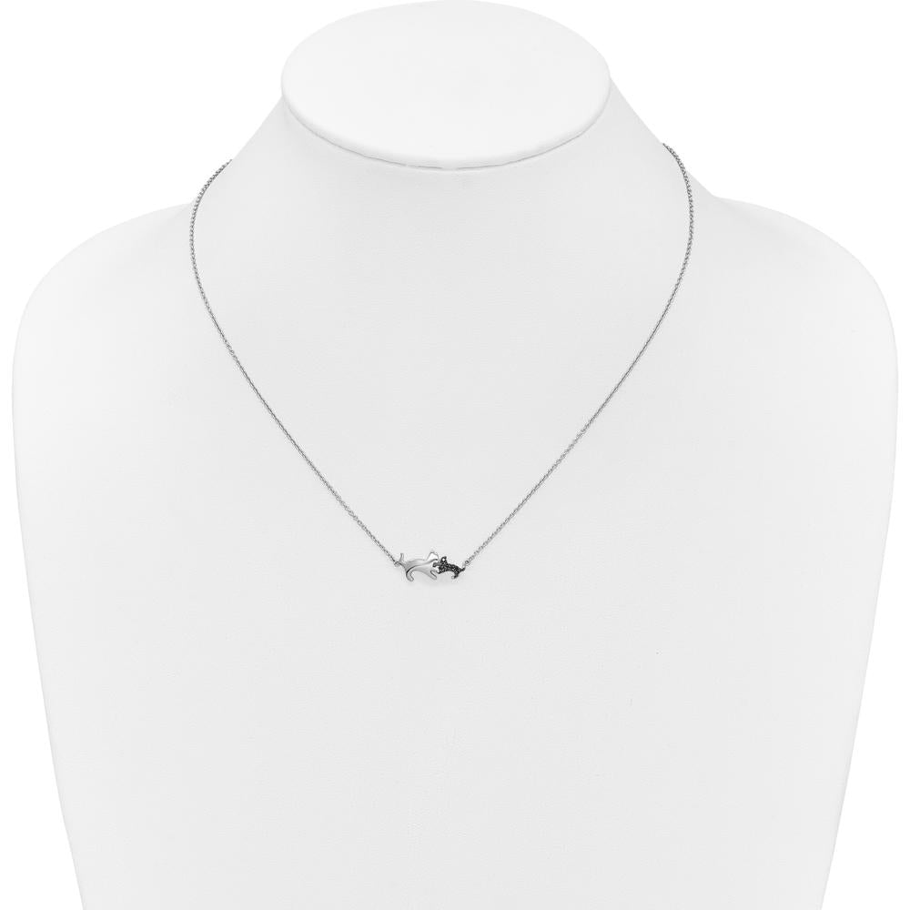 14K White Gold 18" Necklace with Black Diamonds in Mother and Baby Cat Pendant - 0.02 Carat Total Diamond Weight by Monteluci Fine Jewelry