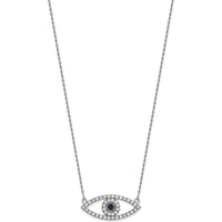14K White Gold 18" Polished Evil Eye Necklace with Round Diamonds and Sapphire - 1/2 Carat Total Gem Weight by Oro Pregiato