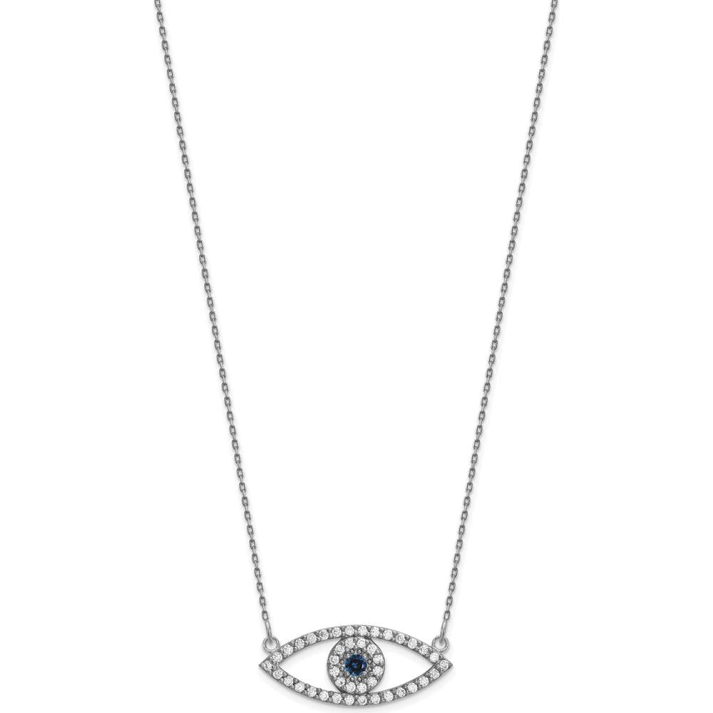 14K White Gold 18" Polished Evil Eye Necklace with Round Diamonds and Sapphire - 1/2 Carat Total Gem Weight by Oro Pregiato